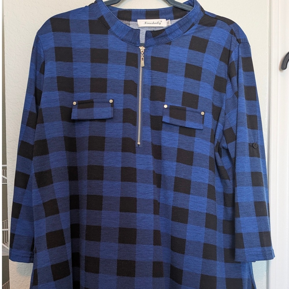Ninedaily Blue Black Buffalo Plaid Quarter Zip Roll Tab Sleeve Tunic Top 2XL